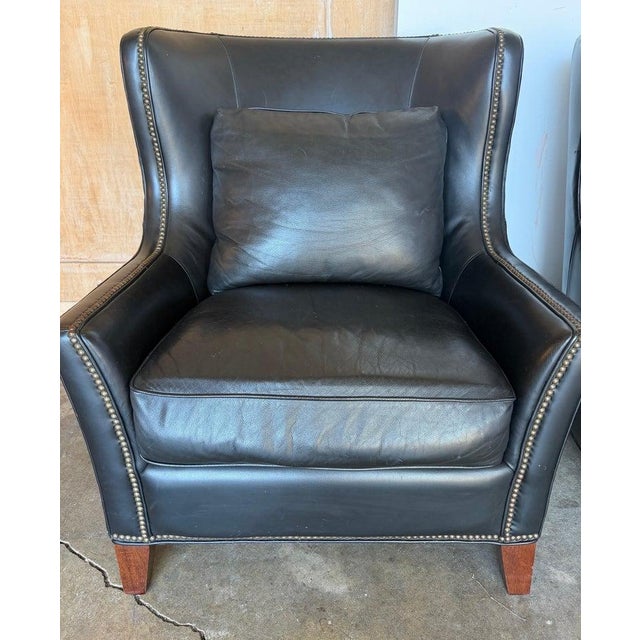 Wood Pair of Thomasville Black Leather Wingback Lounge Chairs For Sale - Image 7 of 17