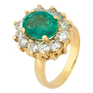 Vintage Oval Cut Emerald Diamond 14k Yellow Gold Engagement Ring, Size 5 For Sale