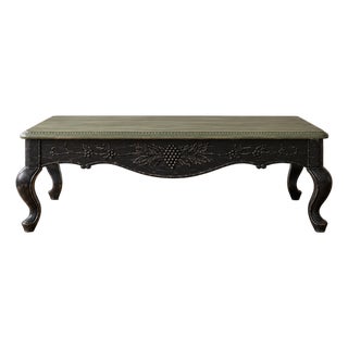 Vintage French Provincial Black & Olive Green Carved Coffee Table With Grape Motif For Sale