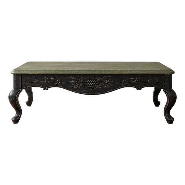 Vintage French Provincial Black & Olive Green Carved Coffee Table With Grape Motif For Sale