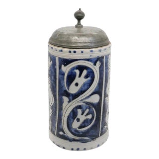 German Westerwald Walzenkrug Stoneware Pewter Mounted Tankard For Sale