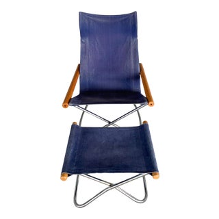 Mid-Century Modern Takeshi Nii “ny” for Trend Pacific Collapsible Denim Lounge Chair With Ottoman For Sale