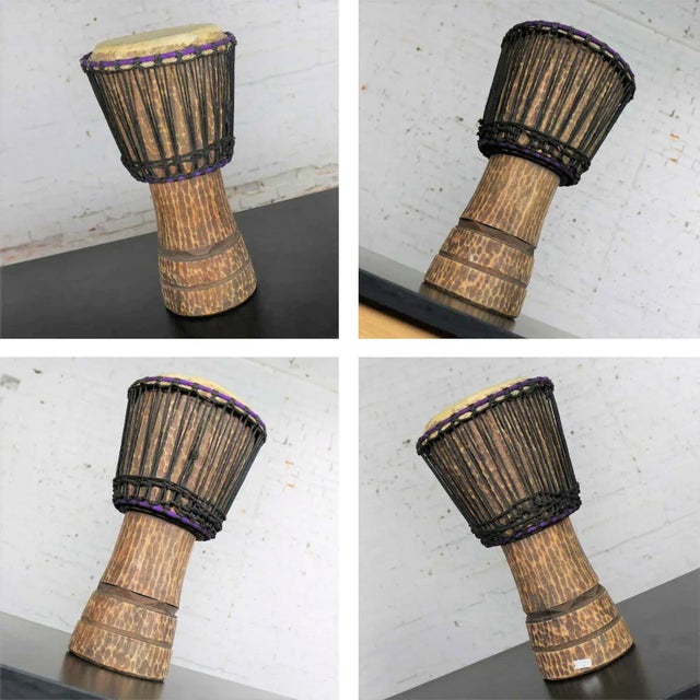 Coffee Vintage Trio of Tribal Drums Carved Wood and Animal Hide For Sale - Image 8 of 13