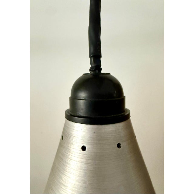 Metal 1960s Space Age Brushed Aluminum & Frosted Glass Pendant Lights a Pair For Sale - Image 7 of 10
