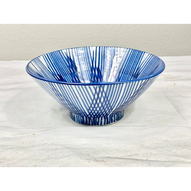 Beautiful vintage serving bowl. Blue and white geometric design. Has an Asian feel to the piece. Perfect for nuts, candies...