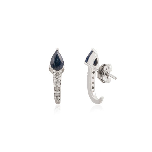 Art Deco Modern Minimalist Silver Earrings With Pear Cut Sapphire & Diamonds- A Pair For Sale - Image 3 of 5
