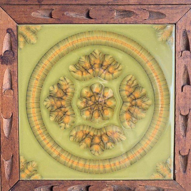 1960s Mid Century Tile Trivet Footed Wood & Ceramic Tile Retro Boho Avocado Green Plant Stand For Sale - Image 5 of 9