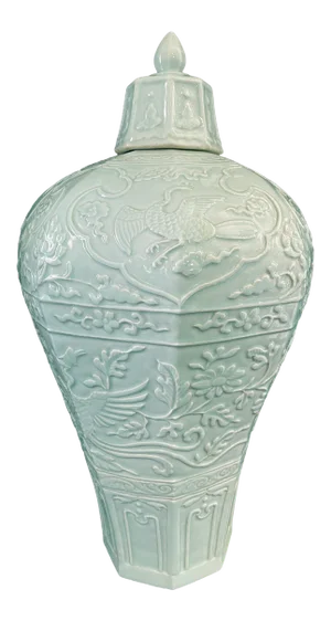 Chinoiserie Octagonal Celadon Lidded Vase.