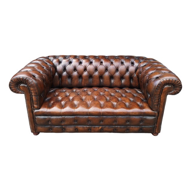Vintage Chesterfield Two-Seater Sofa in Brown Leather, 1960s For Sale