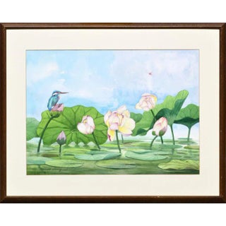 David Wang Bird Perched on Water Lilies Circa 1990 For Sale