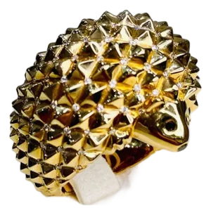Hedgehog Spikey Emerald Eyes 18k Gold Statement Unique Cute Animal Ring, Size 6