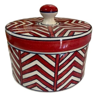 Modern Decorative Red & Navy Chevron Bowl & Lid For Sale