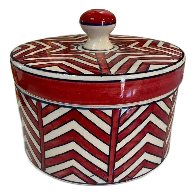 Modern Decorative Red & Navy Chevron Bowl & Lid For Sale