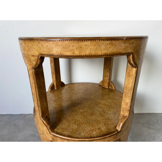 1980s Vintage Maitland-Smith Faux Ostrich Leather Round Two-Tier End Table/ Sold For Sale - Image 5 of 12