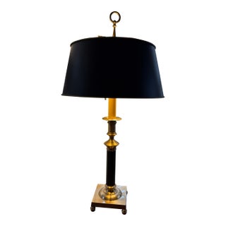 Vintage Wildwood Brass Candlestick Table Lamp With Marbled Tole Shade For Sale