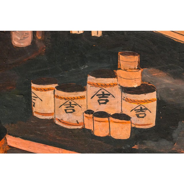 Incredible Antique Japanese Hand Painted Tsuitate Wood Table Screen Traditional Sake Brewery Scene Japan Asian Home Decor For Sale In New York - Image 6 of 16