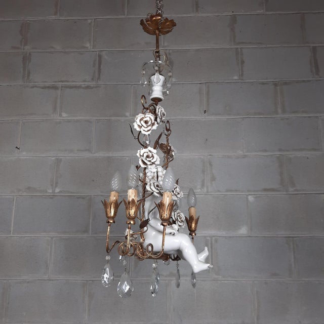 Baroque Antique Chandelier in Ceramic and Iron, 1950s For Sale - Image 3 of 18