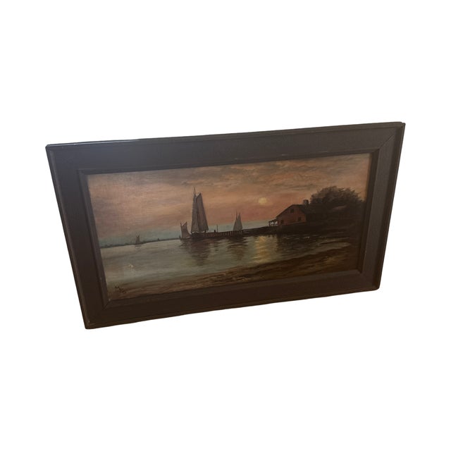 Rustic Antique Tonalist Harbor Scene Oil on Canvas Signed MPS in Period Wood Frame For Sale - Image 3 of 11