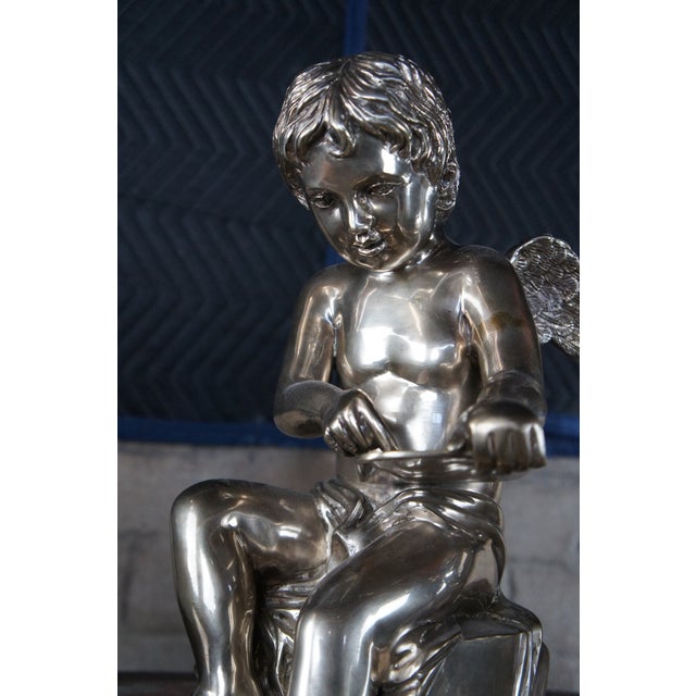 Metal Set of 2 Vintage Large Neoclassical Silver Holloware Figural Cherub Angel Bookends Sculptures For Sale - Image 7 of 12