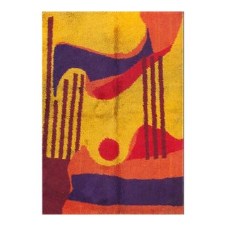1960s Multicolor Abstract Modern Vintage Swedish Shag Pile Rya Rug 4'6''x 6'6'' Handknotted Wool Carpet For Sale