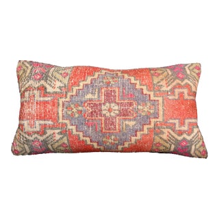 Vintage Anatolian Oushak Pillow – Tribal Handwoven Rug Cushion Cover -19'' X 35'' For Sale