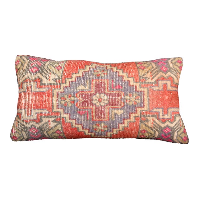 Vintage Anatolian Oushak Pillow – Tribal Handwoven Rug Cushion Cover -19'' X 35'' For Sale