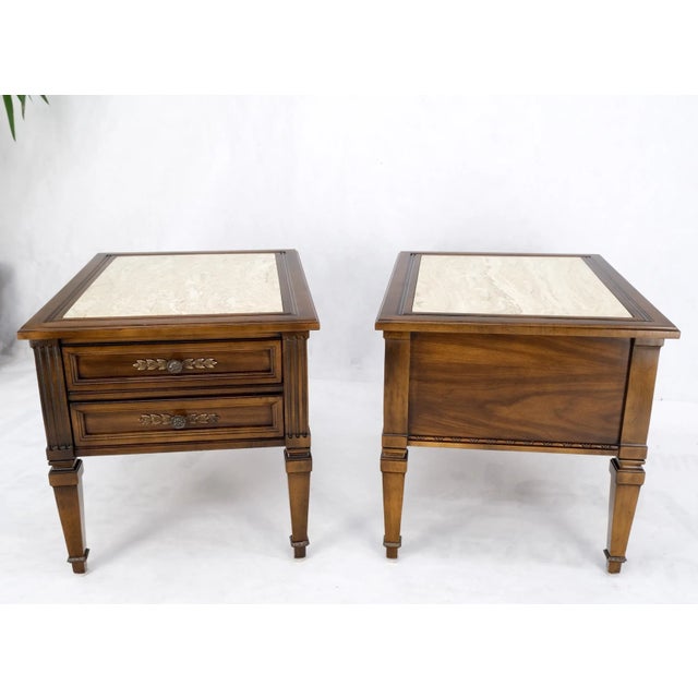 Pair Vintage Travertine Tops Cherry or Walnut Two Drawers End Tables Nightstands For Sale - Image 10 of 13