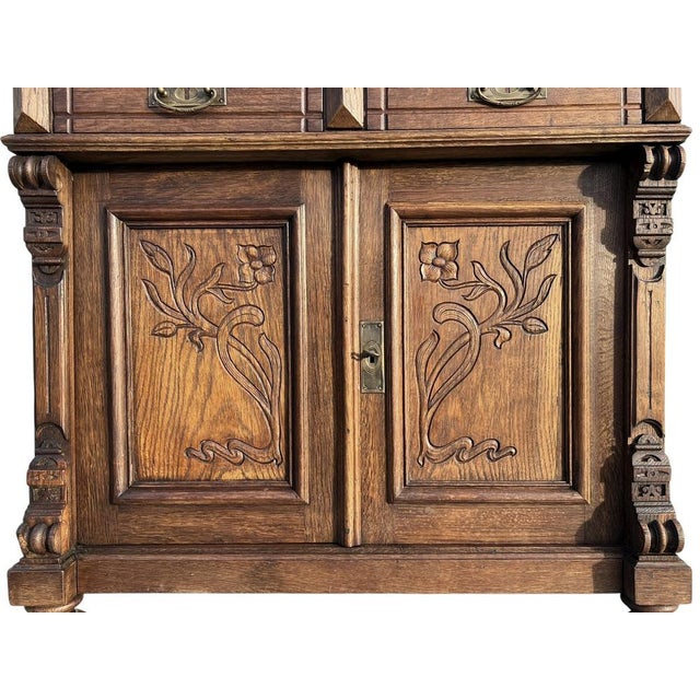 Wood Antique French Art Nouveau Oak Buffet with Floral Details, 1890s For Sale - Image 7 of 12