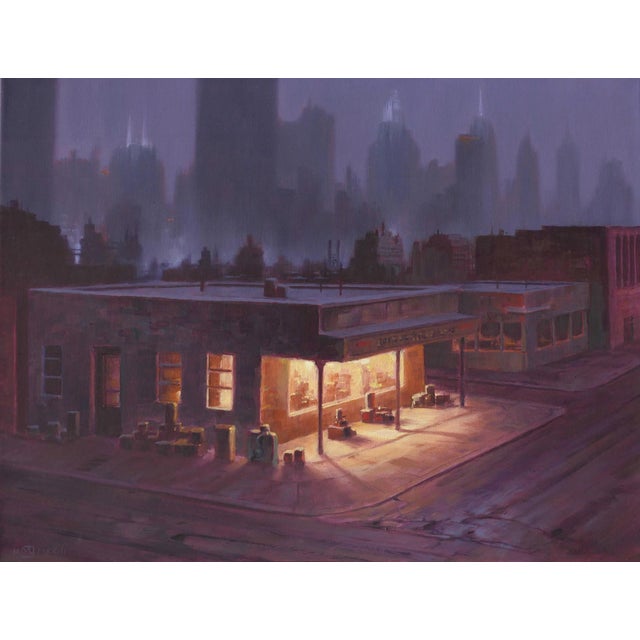 The Wrong Side Of The Tracks by Mark Harrison | Oil on fine cotton Night scene of a city street with a lit storefront. For Sale