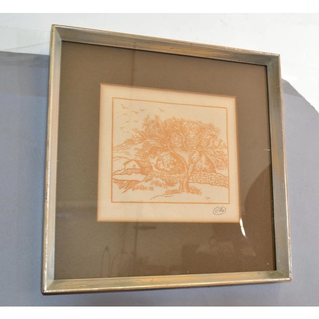 1950 Framed Print Marked M Landscape Scenery Orange Silver Wood Frame Distressed For Sale - Image 4 of 11