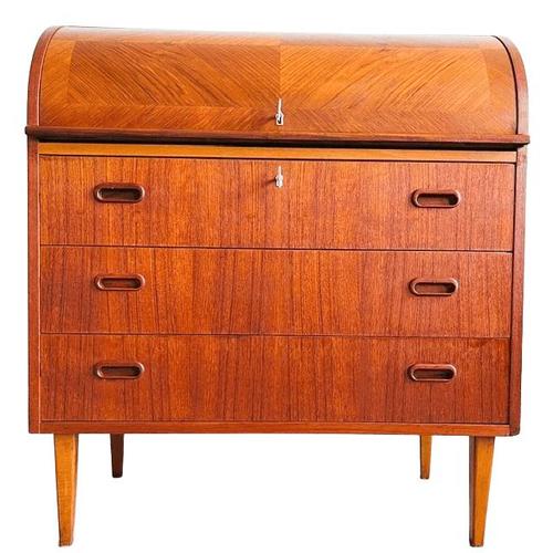 Vintage Egon Ostergaard Danish mid-century roll-top secretary cabinet/desk from the 1960s. Features a beautifully inlaid...