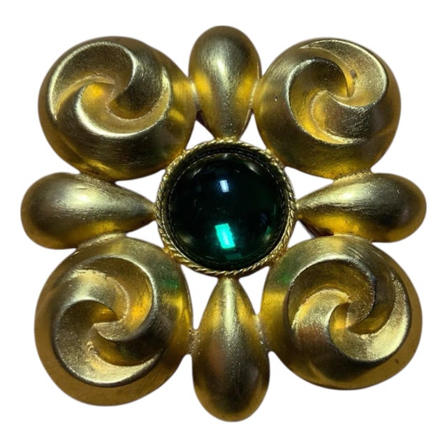 Vintage Signed David Dubin Gold and Green Maltese Cross Brooch Pin For Sale