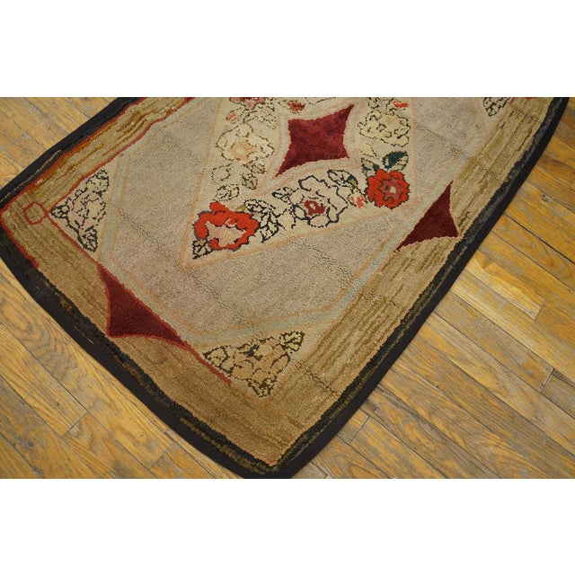 Inspirational Tan Beige Color With Special Florid and Geometric Design Antique Amercian Hooked Rug For Sale In New York - Image 6 of 9