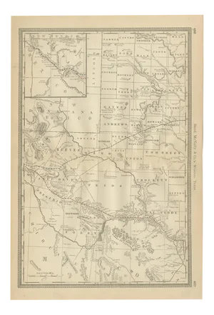 Antique Map Western Texas Railroads, Counties & Frontier Towns, 1888