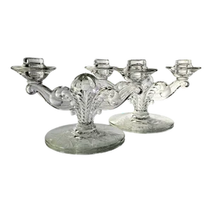 Cynthia Etched Crystal by Fostoria Candleholders Candelabra Floral Pair 9"