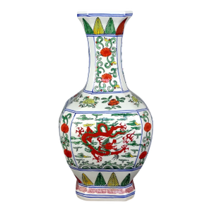 Chinese Vintage Ceramic Vase,Ming Dynasty Wanli Marked Blue and White Famille Verte Porcelain Square Vase Hand Painted Dragon Pattern