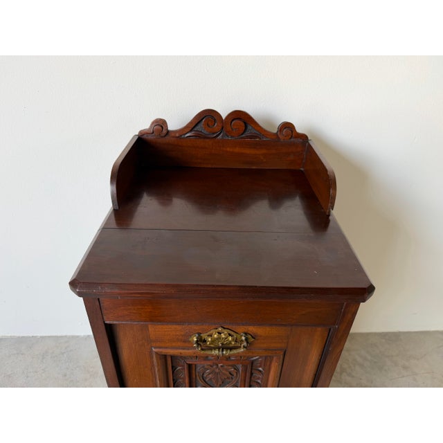 Wood Antique Edwardian Carved Wood Purdonium / Bedside Cabinet With Brass Hardware For Sale - Image 7 of 13