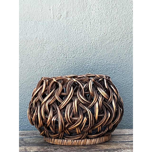 Contemporary Vintage Handcrafted Woven Rattan Basket For Sale - Image 3 of 12