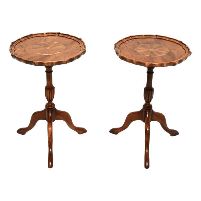 Vintage Georgian Inlaid Yew Wood Wine Tables, 1930, Set of 2 For Sale