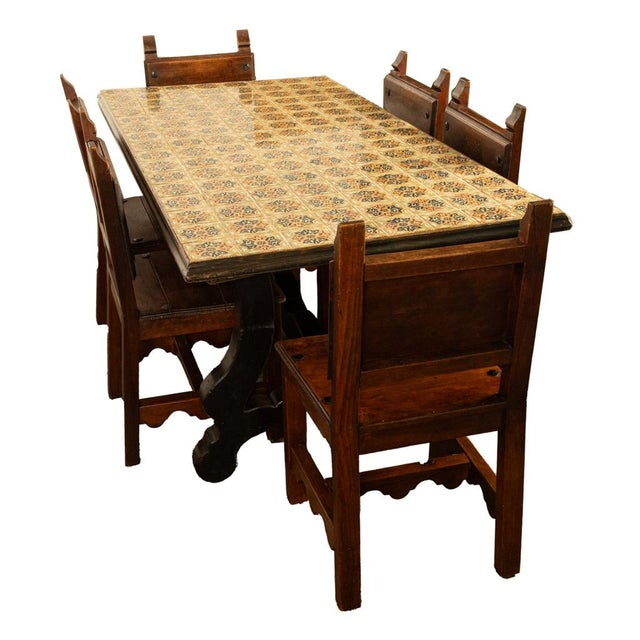 Antique Spanish Colonial Hacienda Walnut Talavera Tile Top Table Six Chairs 1890 For Sale - Image 9 of 17