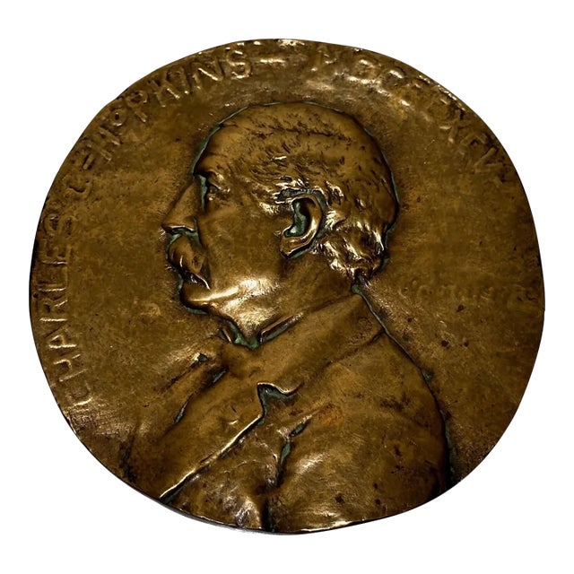 Rare 19th Century English Victorian Gilt Bronze Portrait Medallion Plaque, Charles Hopkins, 1895 For Sale