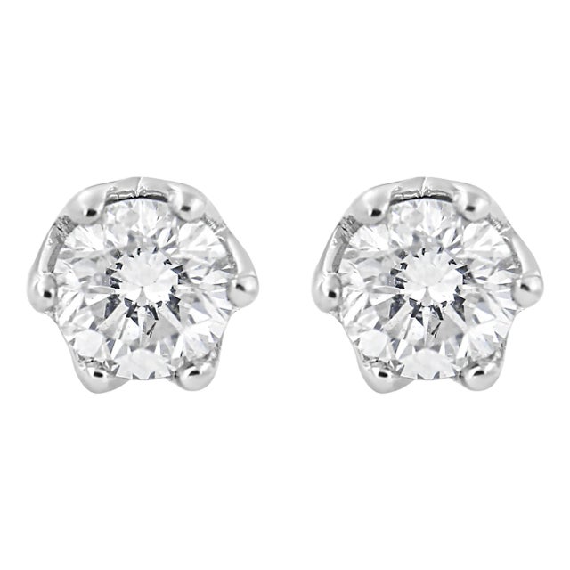 14K White Gold 1/2 Cttw Round Diamond 6 Prong Crown Stud Earrings For Sale