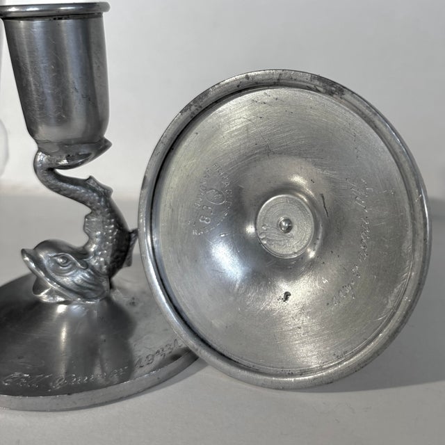 1930s Art Deco Scandinavian Pewter Candlesticks with Sculptural Fish, Sweden, 1931, Set of 2 For Sale - Image 5 of 8