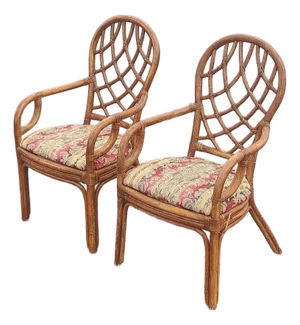 Mid 20th Century Vintage Coastal Web Back Rattan Dining Chairs Styled After Ficks Reed - Set of 2