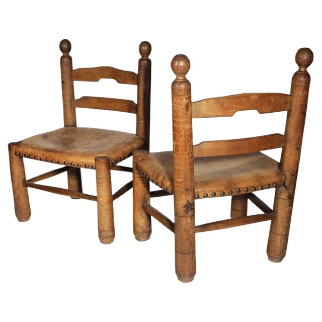 Set of Low Leather and Wood Chairs, 1930s For Sale