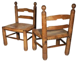Set of Low Leather and Wood Chairs, 1930s