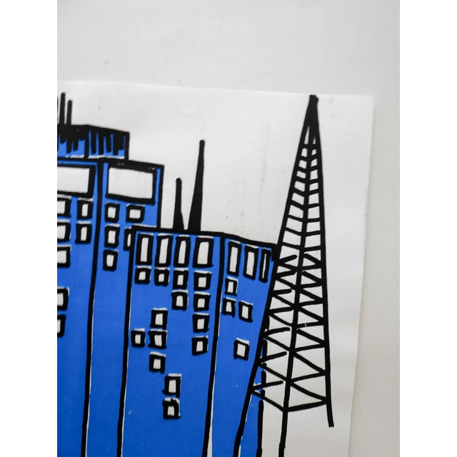 Contemporary Abstract Blue & Black Cityscape Serigraph For Sale - Image 4 of 5