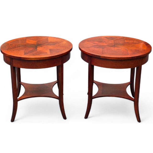 Mid-Century Modern Niermann Weeks Round Parquet Side Tables - Set of 2 For Sale - Image 3 of 15