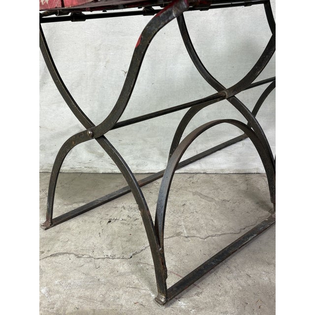 Mid-Century French Bistro Bench With Red Slats and Wrought Iron Frame For Sale - Image 4 of 11
