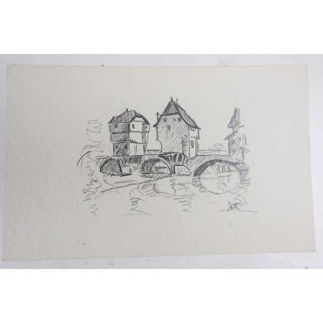 Set of 4 small late 19th and early 20th century architectural drawings of european architecture. Village street scene....